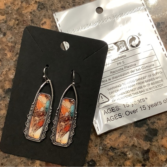 Boho western chic dangling antiqued silver multicolored mosaic earrings - Picture 6 of 6